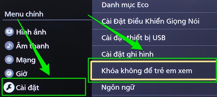 Cách đổi mã PIN trên Smart tivi Panasonic > Chọn cài đặt khoá không để trẻ em xem