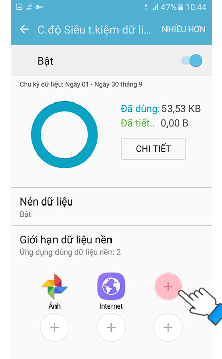 Chạm vào dấu cộng để thêm các ứng dụng để chặn dữ liệu nền