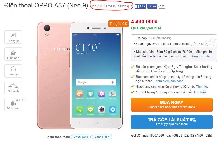 OPPO A37 bán được tới 8.000 chiếc trong một tuần tại TGDĐ