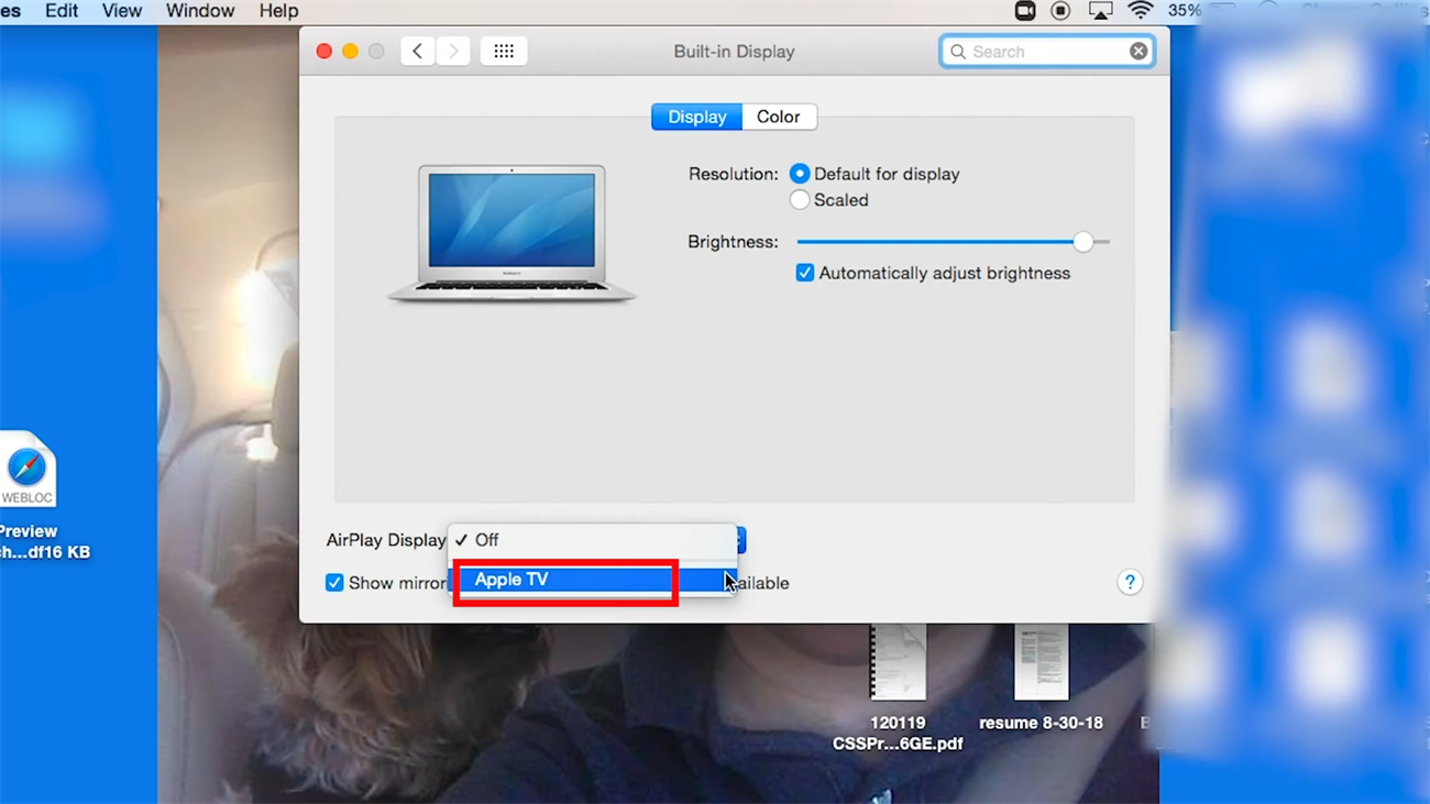 Cách kết nối MacBook Pro với tivi tại nhà cực đơn giản và nhanh chóng > Chọn Apple TV tại chỗ AirPlay Display