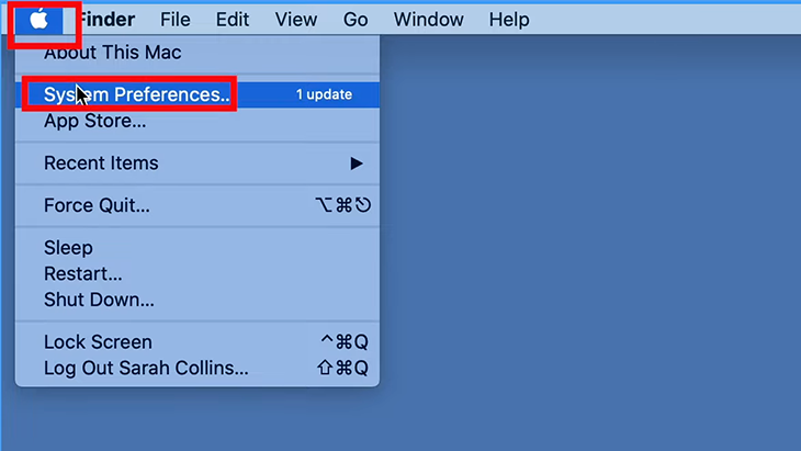 Vào mục System Preferences trong Logo quả táo ở góc trái trên