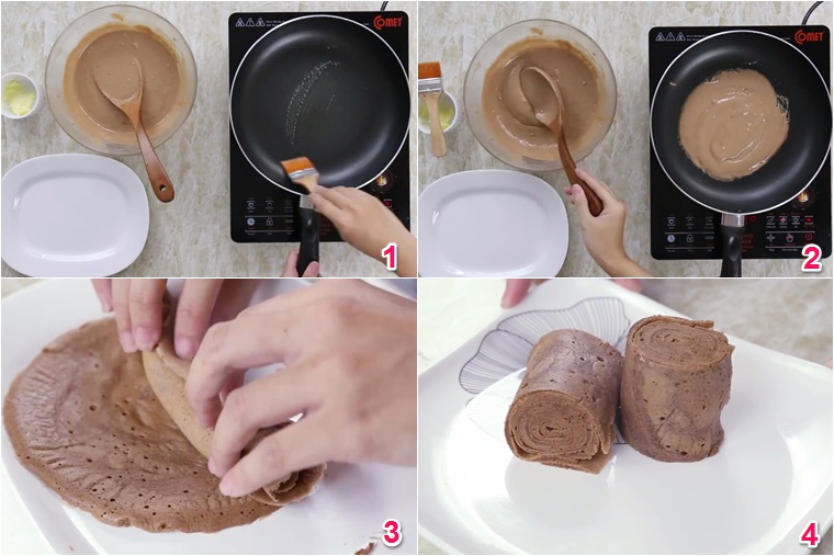 Bước 3 Rán và cuộn Bánh bông lan cuộn chocolate bằng chảo chống dính