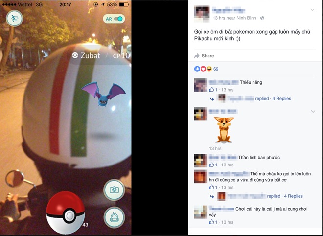 Một người chơi đi xe ôm bắt pokemon chia sẻ trên trang cá nhân