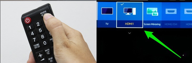 Nhấn nút INPUT, SOURCE hoặc nút có biểu tượng hình mũi tên  Chọn đường vào dữ liệu là cổng HDMI