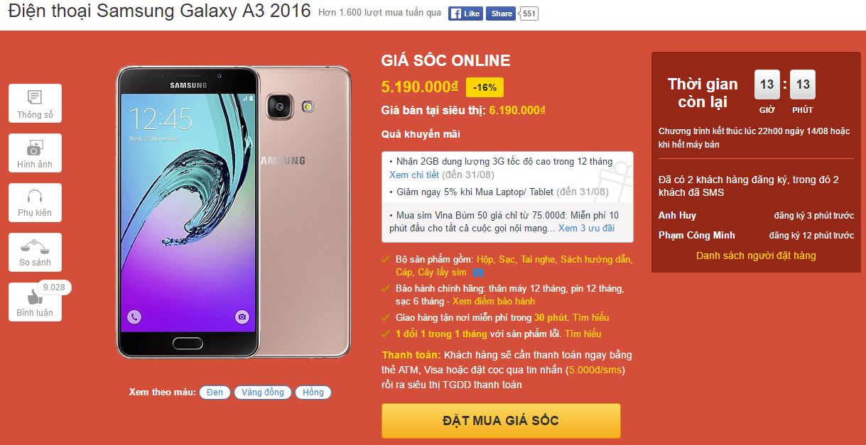 Galaxy A3 2016 với thiết kế cực chất giảm giá sốc