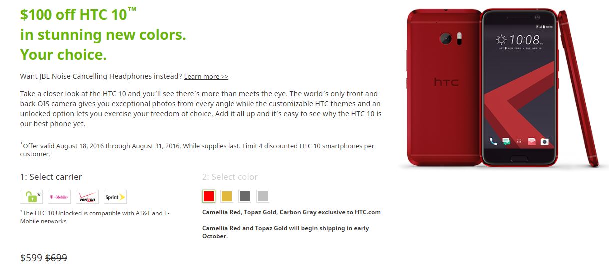 HTC 10 có thêm 2 phiên bản vàng ngọc và đỏ, giá hơn 13 triệu