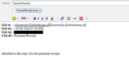 Email phát tán có đính kèm mã độc (Nguồn ảnh: WhiteHat.vn)