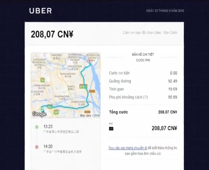 Tài khoản Uber của anh Cảnh được sử dụng tại Trung Quốc
