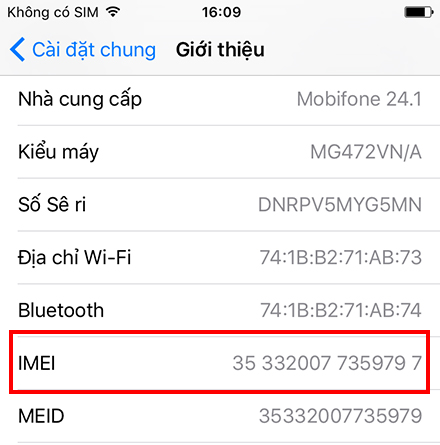 Kéo xuống dòng imei để xem số imei 