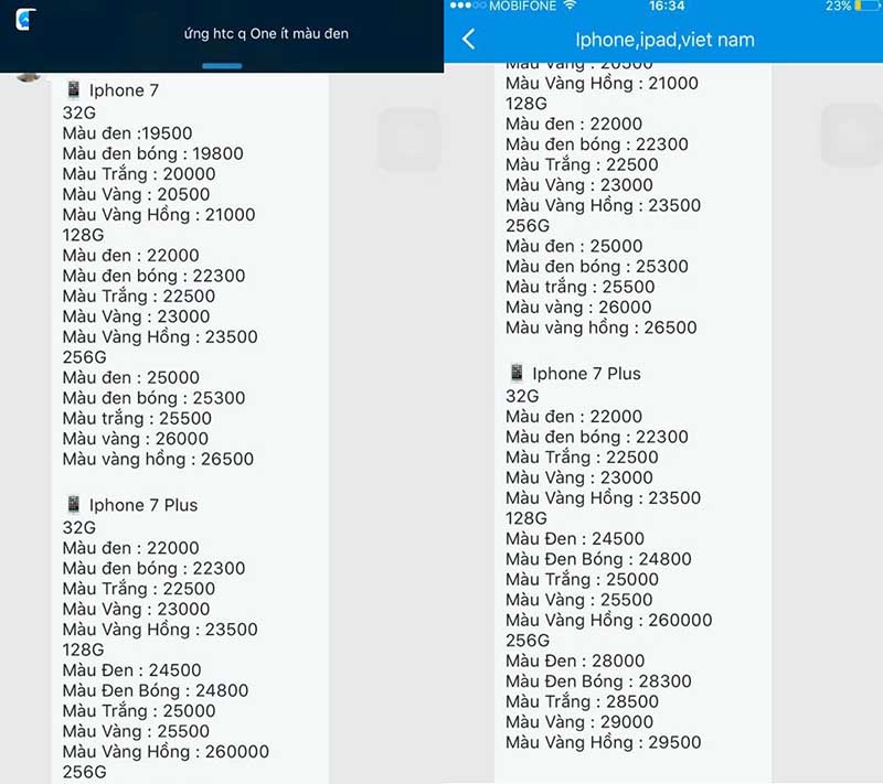 bảng giá iphone 7