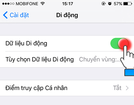 Dữ liệu Di Động, bạn gạt sang phải bật lên