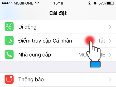 Quay lại Cài đặt chọn Điểm truy cập Cá nhân.