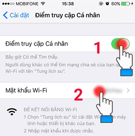  Bật Điểm truy cập Cá nhân và nhấp vào Mật khẩu Wi-Fi để đặt mật khẩu cho wifi của bạn.