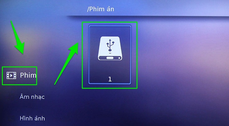 Cách nghe nhạc, xem phim, xem ảnh bằng USB trên Smart tivi Skyworth 2016 > Chọn mục Phim