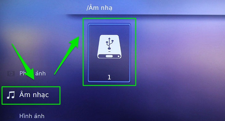 Cách nghe nhạc, xem phim, xem ảnh bằng USB trên Smart tivi Skyworth 2016 > Chọn mục Âm nhạc