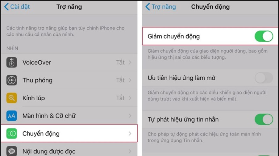 Tính năng giảm chuyển động