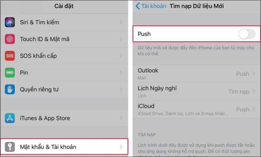 Turn off automatic fetching of new data for Mail, Contacts, Calendars