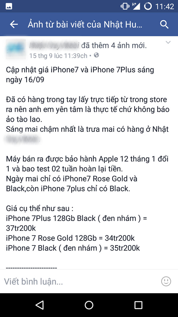 Báo giá iPhone 7 và 7 Plus xách tay của một cửa hàng tối qua, 15/9