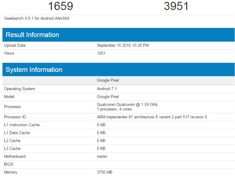 Google Pixel XL xuất hiện trên Geekbench với RAM 4 GB, chạy Android 7.1