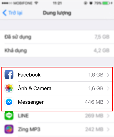 3 thứ chiếm dung lượng nhiều nhất là Facebook, Ảnh và Camera và Messenger.