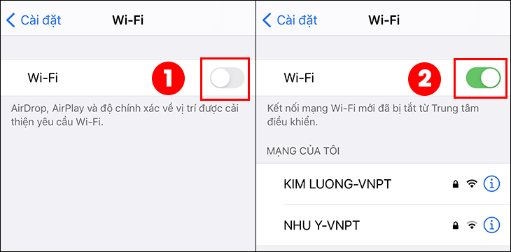 Gạt công tắc cạnh mục Wi-Fi sang trái để tắt Wi-Fi, sau đó gạt lại sang bên phải để về bật lại Wi-Fi