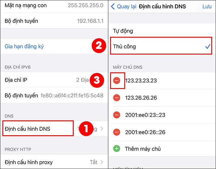 Nhấn vào dòng Định cấu hình DNS và chọn vào Thủ công