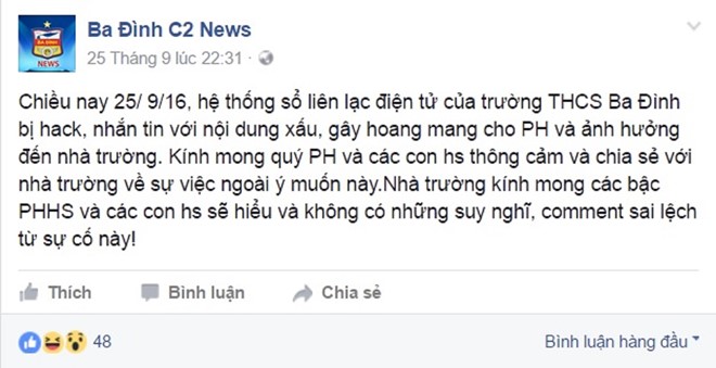 Thông báo trên fanpage của trường