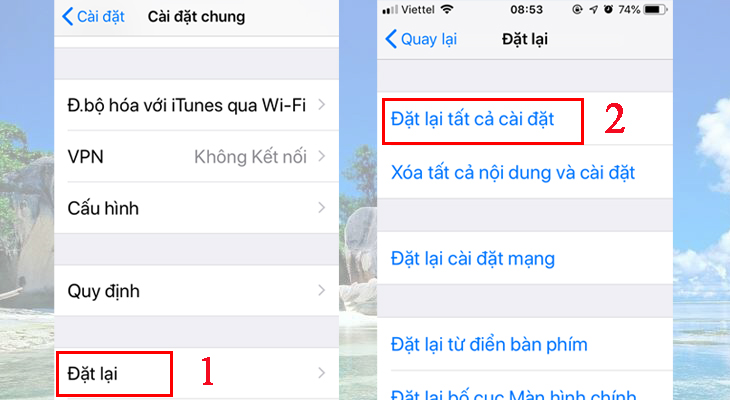 Bước 2: Chọn Đặt lại và tiếp tục nhấn vào Đặt lại tất cả cài đặt.