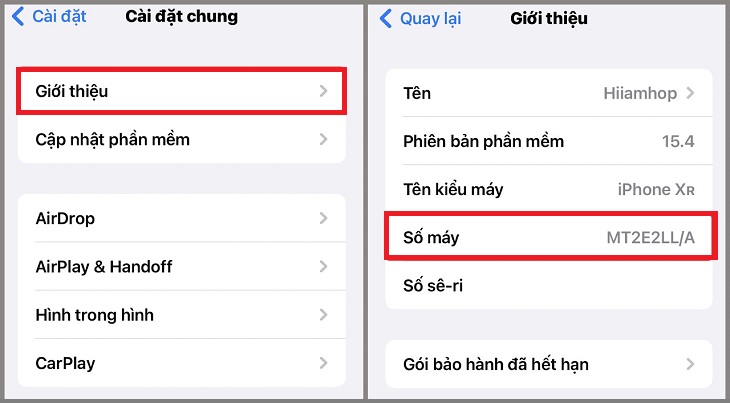 Chọn mục Giới thiệu > Chọn Số máy.