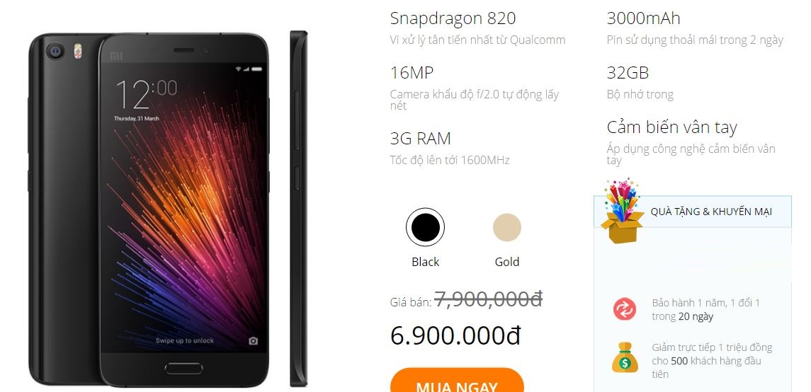 Xiaomi Mi 5 chip Snapdragon 820 mở bán chính hãng tại VN với giá dưới 7 triệu đồng Xiaomi Mi 5 chip Snapdragon 820 mở bán chính hãng tại VN với giá dưới 7 triệu đồng