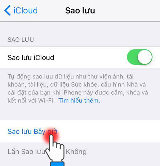 Chọn Sao lưu bây giờ