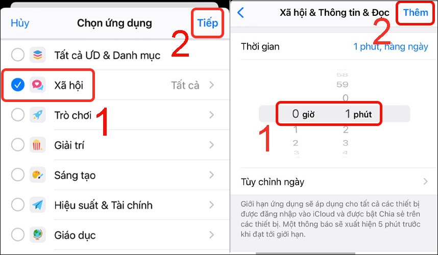 Chọn một hoặc nhiều ứng dụng muốn khóa > Nhấn vào Tiếp > Chỉnh 1 phút > Nhấn Thêm.