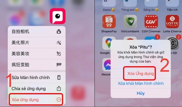 Quay lại màn hình chính iPhone, giữ và chọn Xóa ứng dụng  Xác nhận xóa ứng dụng màn hình chính.