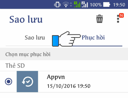 Chọn tab phục hồi