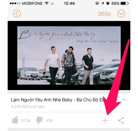 Nhấn vào dấu cộng để thêm vào playlist - cach-nghe-nhac-tren-youtube-khi-tat-man-hinh-hoac-lam-viec-khac-tren-iphone