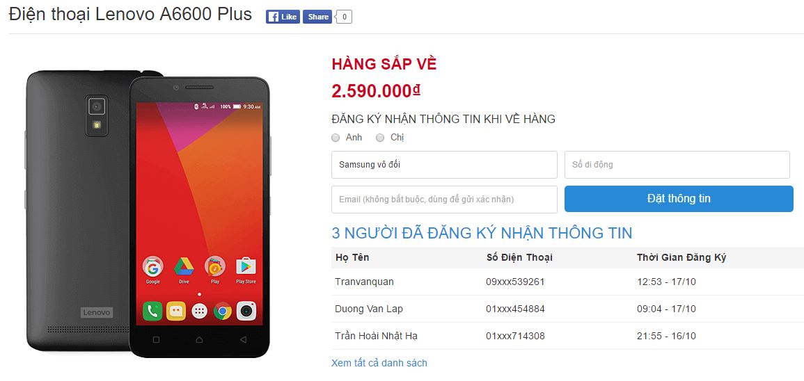 Lenovo A6600 Plus giá 2.5 triệu chạy Android 6.0 chuẩn bị lên kệ TGDĐ