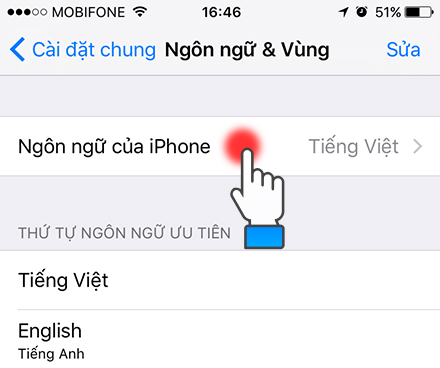 Kéo xuống dưới, chọn Ngôn ngữ & Vùng và chọn tiếp Ngôn ngữ của iPhone.