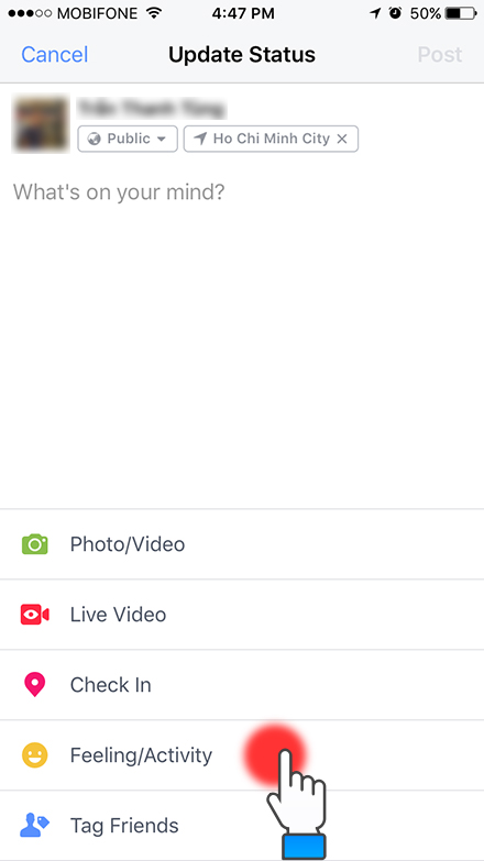 Chọn đăng thử một status nhưng lần này bạn hãy nhấn vào Feeling/Activity.