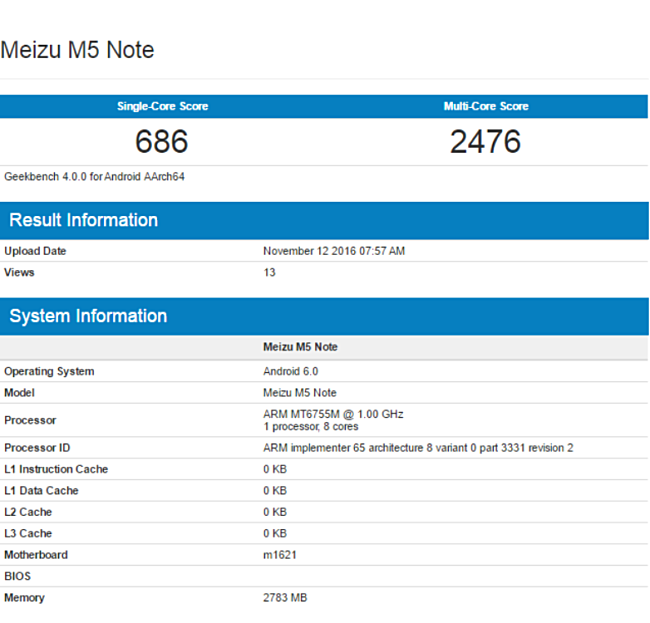 Meizu M5 Geekbench. Lộ cấu hình Meizu M5 Note trên Geekbench.