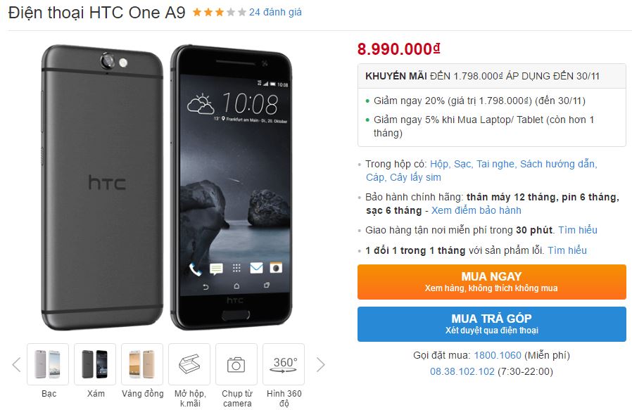 HTC One A9 thiêt skế đẹp như iPhone giảm giá cực sốc