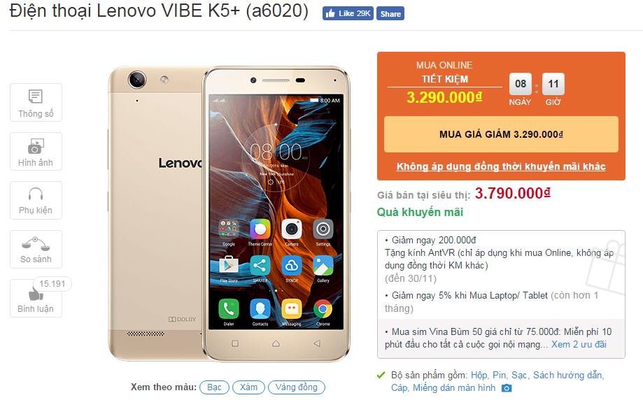 Lenovo VIBE K5 Plus màn hình Full HD, chip Snapdragon 616 hạ giá mạnh