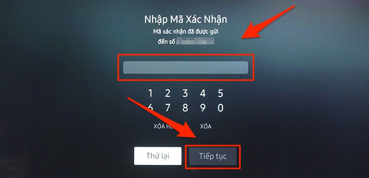 Nhập mã xác nhận rồi chọn tiếp tục