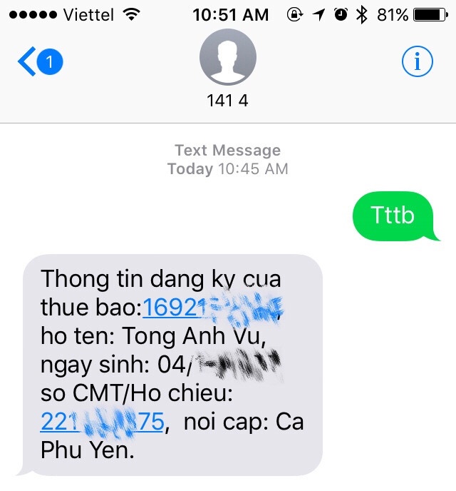 ip Tin nhắn được tổng đài Viettel trả về báo thông tin thuê bao
