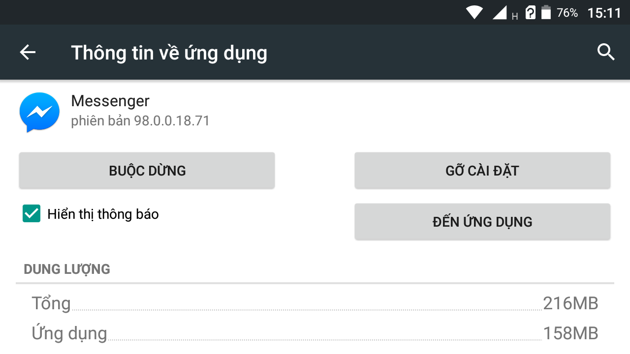 Thông tin về Facebook Messenger sau khi cài đặt trên thiết bị