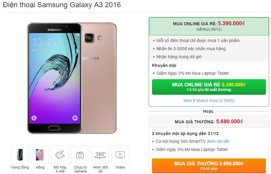 Galaxy A3 2016 với thiết kế đẹp, camera 13MP giảm giá dịp Giáng sinh