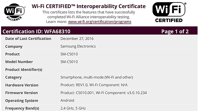 Galaxy C5 Pro tiếp tục đạt thêm chứng nhận Wifi