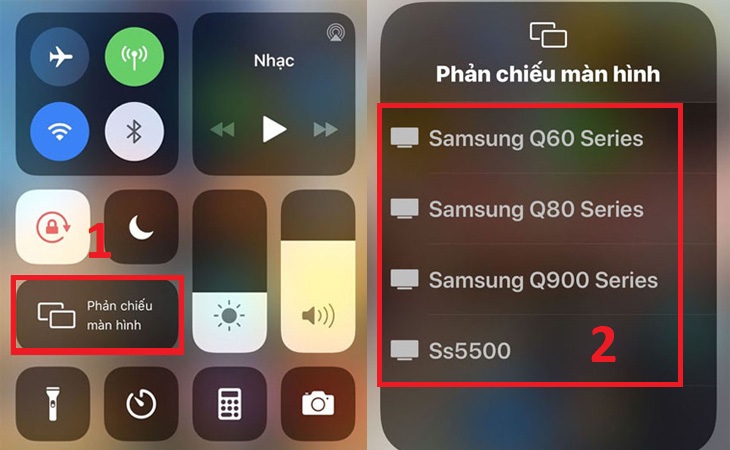 Trên màn hình iPhone, bạn mở chức năng Phản chiếu màn hình, rồi bạn chọn tivi muốn kết nối.