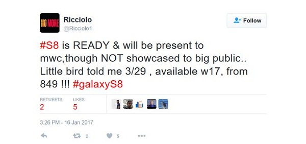 Tweet của @Ricciolo1 tiết lộ về ngày ra mắt, lên kệ và giá bán của Galaxy S8 Tweet của @Ricciolo1 tiết lộ về ngày ra mắt, lên kệ và giá bán của Galaxy S8