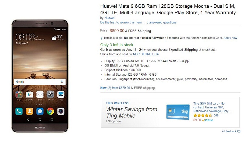 Huawei Mate 9 RAM 6 GB đang được bán trên Amazon