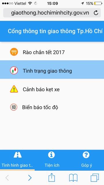 Giao diện cổng thông tin giao thông phiên bản mobile